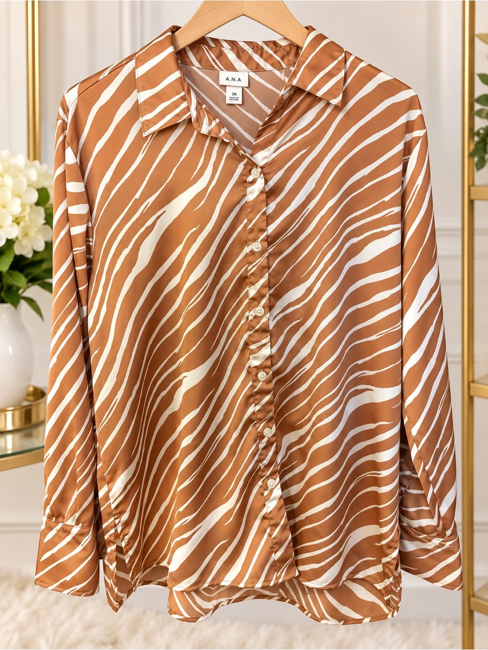 Brown and Cream Zebra Satin Button-Down Blouse